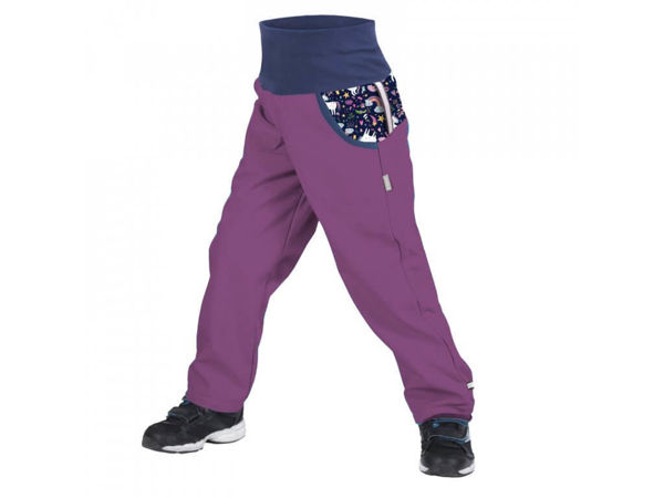 Obrázek Dětské softshellové kalhoty s fleecem Ostružinová jednorožci Unuo